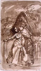 Sketch of a Man Embracing a Woman at a Cottage Gate